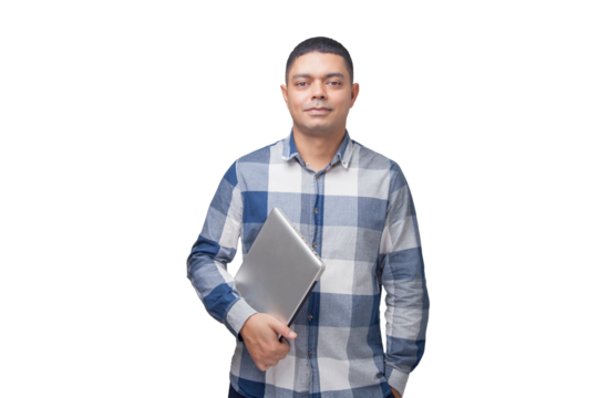 Man with notebook in hands pointing and interacting with the screen. Businessman concept. Online. Freelancer concept. Copy space.
