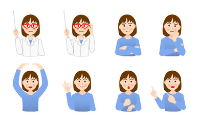 青い服の女性でパンフレット広告用ポーズセット