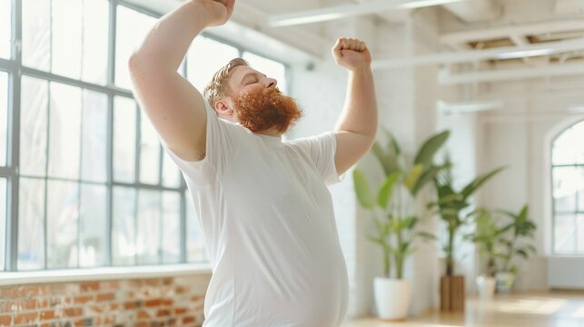 Overweight man participating in a yoga session, promoting wellness and self-esteem, surrounded by a supportive, diverse community