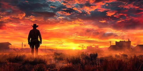 Naklejka premium Fiery Sunset in the Wild West with Lone Cowboy Silhouette