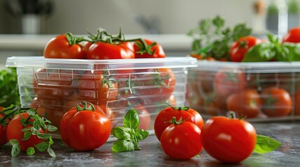 Tomato shaped plastic containers and tomatoes on a table