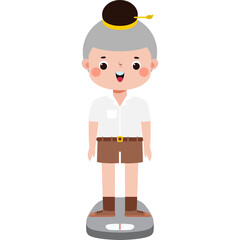 Thai Student Kid weighing on Weighing Scale, cute cartoon character illustration flat style