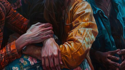 Obraz premium Artistic depiction of a comforting embrace, showcasing emotional support and human connection in a vibrant, detailed painting.