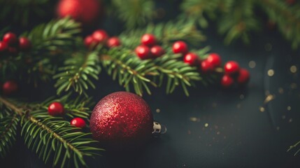 Christmas tree adorned with festive decorations, featuring ornaments like balls and spheres in gold and red hues, embodying the holiday spirit of Christmas and winter celebrations