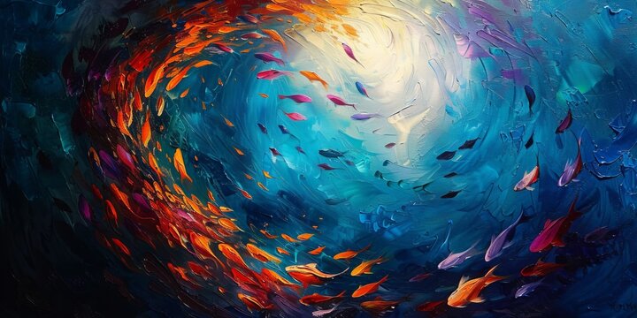 Vibrant Underwater Swirl with Colorful Fish in Abstract Art