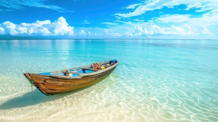 Naklejka premium A serene tropical beach with a lone wooden boat resting on the shallow, crystal-clear water. 