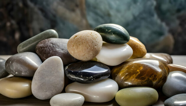 pile of stones.a collection of smooth stones, focusing on their polished surfaces and subtle color variations. The stones are displayed in a harmonious arrangement that highlights their natural charm.