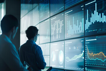 Two business analysts reviewing complex data on multiple large screens, focusing on charts and graphs for financial analysis.