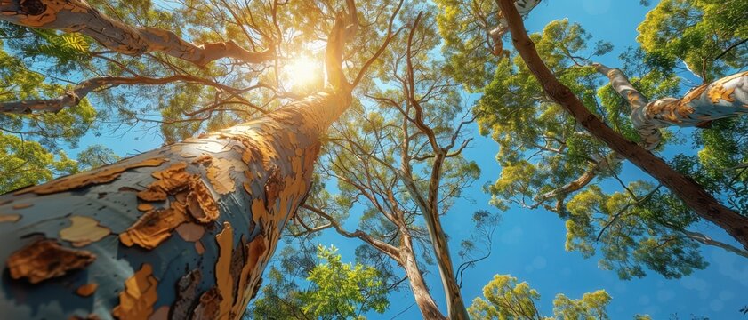 Eucalyptus trees with their distinctive bark and leaves, looking up towards the sun