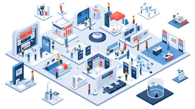 3D isometric illustration of a modern exhibition hall.