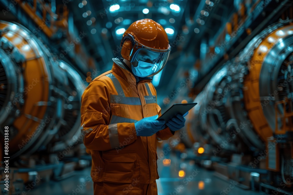 Poster engineer with tablet in high-tech facility. engineer using a tablet in a high-tech facility, surroun