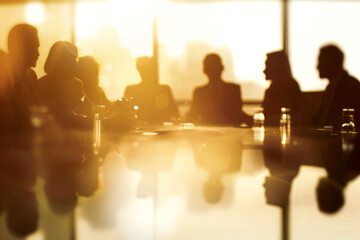Silhouetted business professionals having a meeting in a conference room at sunrise, with sunlight streaming through large windows.