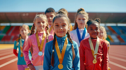 Olympiad Gold Medal Winners, Group of Kids in a Row Standing on the Podium Celebrating Their Success
