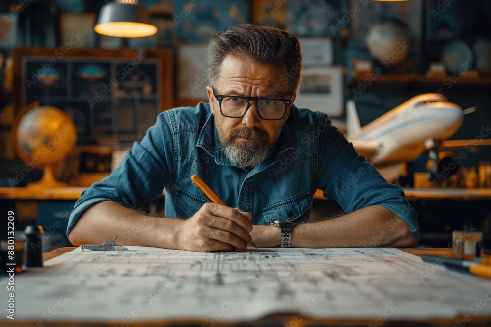 Poster engineer focused on aircraft blueprint in workshop. engineer focused on an aircraft blueprint in a w
