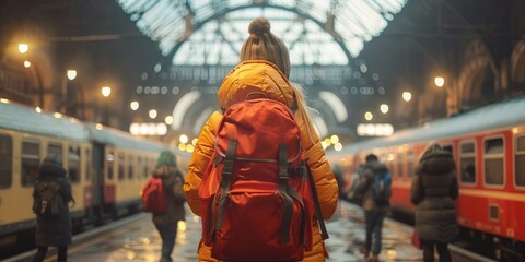 Obraz premium Traveler in Cozy Attire at Bustling Historic Train Station