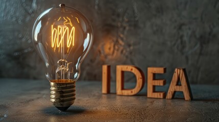 Illuminating Idea: A Glowing Light Bulb with Wooden Letters