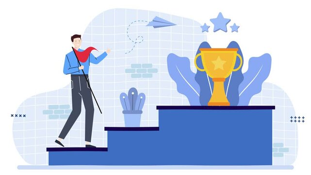 a man try to reach the trophy on the top of stairs business animated illustration video