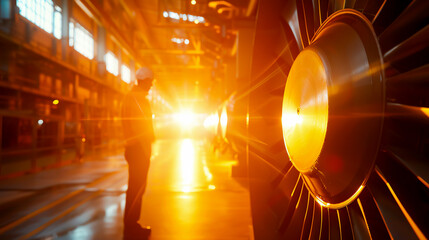 Worker in industrial factory with large machinery and bright sunlight streaming through windows, creating a dramatic silhouette.