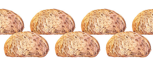 Seamless rim with watercolor sliced of loaf of fresh crispy homemade bread on white background. Whole grain bun for healthy breakfast. Border with food for cookbook or kitchen. Wallpaper or wrapping