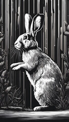 A black and white illustration of a rabbit standing on its hind legs amidst foliage. The background features vertical lines, giving a dramatic effect.