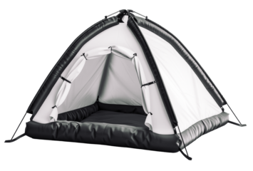 Modern white and black inflatable camping tent with an open entrance, ready for outdoor adventures