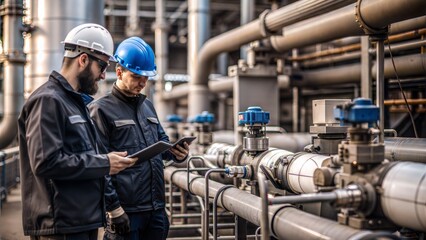 gas distribution stations against the sky, engineers with measuring devices are standing in front, blue colors