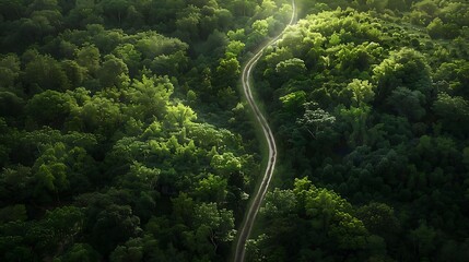 Aerial view of the road through the green forest