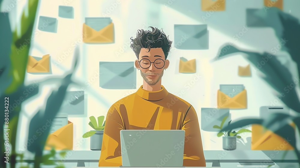 Aufkleber man working on laptop in office with email icons on the wall.