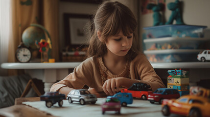 Girl playing with toy cars. Breaking Gender Stereotypes.