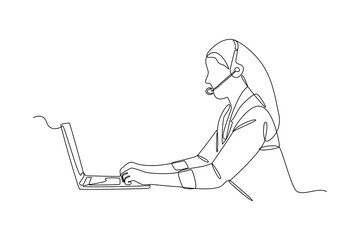 Continuous line drawing of female customer service operator in front of a computer with a headset.