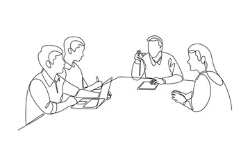 Office workers at business meeting in continuous line drawing illustration