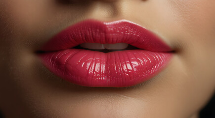 An Extreme Close-Up of Woman's Bright Pink Lips, Pink Vegan lipstick or makeup concept, 
