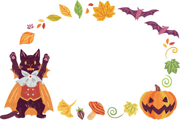 Fototapeta premium 10月 ハロウィーン ドラキュラの仮装をした黒猫 イラスト素材 丸フレーム