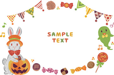 10月　ハロウィーン　ジャックオーランタンとうさぎ　イラスト素材　丸フレーム