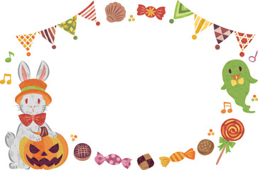 10月　ハロウィーン　ジャックオーランタンとうさぎ　イラスト素材　丸フレーム