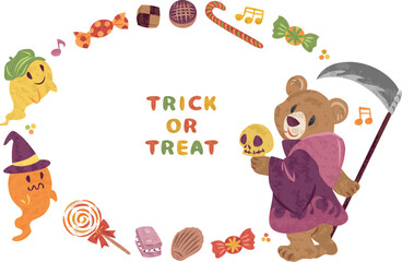 10月　ハロウィーン　死神の仮装をした熊　イラスト素材　丸フレーム