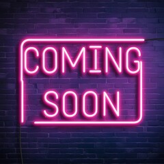 Vector isolated neon sign of the text COMING SOON typography logo on the brick wall background
