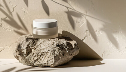 Photo mockup skin care face cream jar on stone. Luxury texture cosmetics product. Soft beige nature decor. Organic anti-aging treatment for health. Interplay of light and shadow.