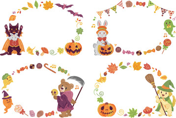 10月　ハロウィーン　仮想衣装を着た動物たち　丸フレームイラスト素材セット