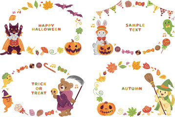 10月　ハロウィーン　仮想衣装を着た動物たち　丸フレームイラスト素材セット