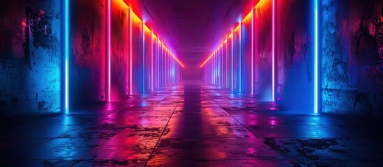 Naklejka premium A visually striking futuristic corridor illuminated by vibrant neon lights, creating a mesmerizing and colorful atmosphere.