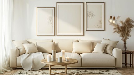 Frame mockup, modern living room with sofa, wall poster frame 3d render