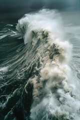 Obraz premium A dramatic high-resolution photograph of a powerful ocean wave crashing with immense force under stormy skies, showcasing the raw power of nature.