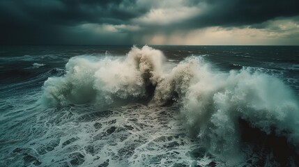 Obraz premium Powerful ocean waves crash against rocks under dark, stormy skies, showcasing the raw and dramatic force of nature.