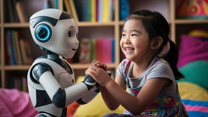 Robot Playing With Child Girl bedroom artificial Intelligence Technology Modern Future