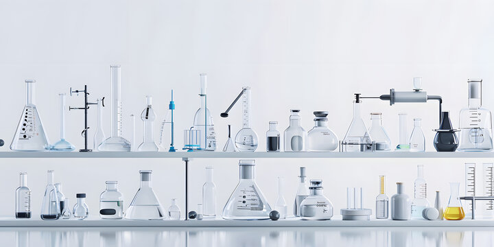Equipamentos de laborat&oacute;rio de qu&iacute;mica em um fundo branco limpo