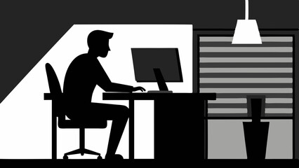 A business man working on computer in office room silhouette black color vector art illustration