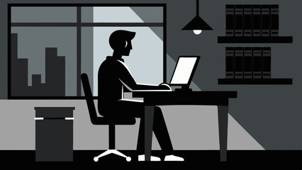 A business man working on computer in office room silhouette black color vector art illustration