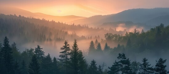 Obraz premium A tranquil sunrise scene with mist enveloping a dense forest and rolling hills, creating a serene and peaceful atmosphere.