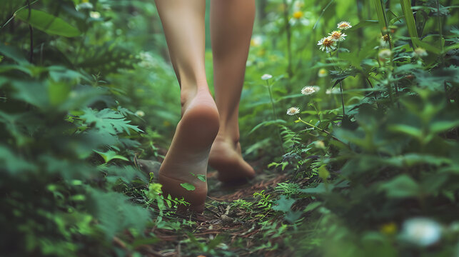 A person walking barefoot on a forest trail, capturing the serene and natural atmosphere of the woods.